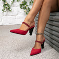 Women's wine red high heel sandals, mules, pointed toe, minimalist summer party shoes with unique heel