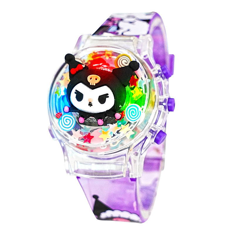 Kids' gift girls' electronic watch - stellalou, kuromi, hello kitty glitter luminous music flip cover rotating watch