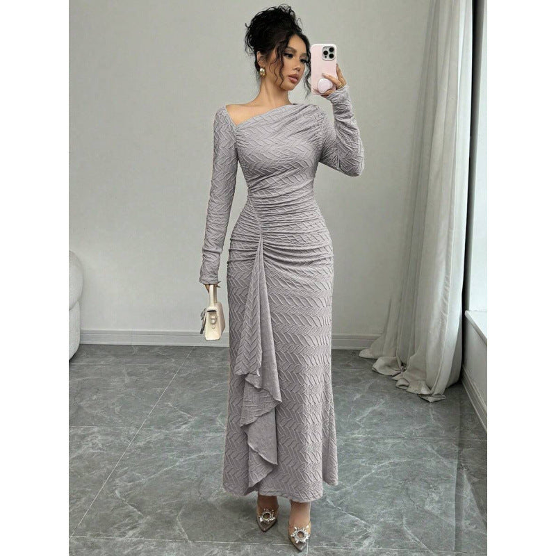 fashion  autumn new arrival elegance asymmetric slant neck waist ruffles long sleevesdress
