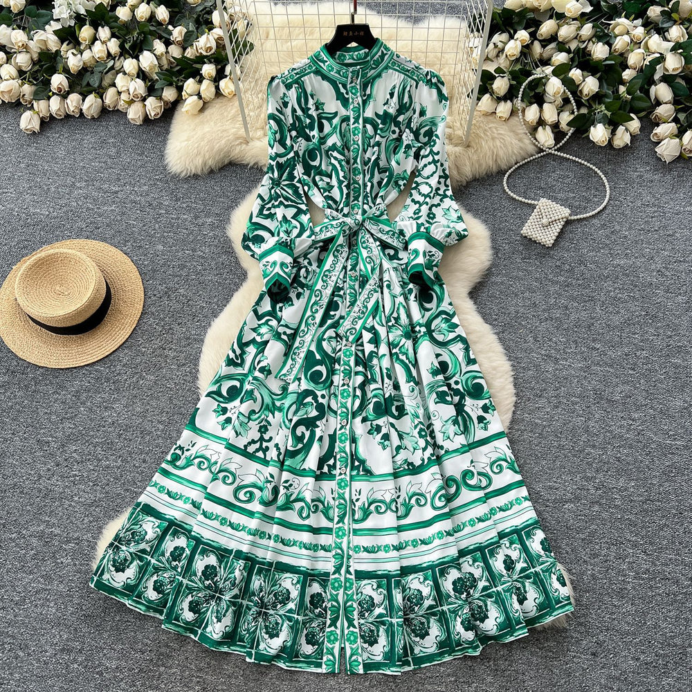 Retro palace style printingdress women's summer lantern sleeves stand collar single breasted strap waist beautiful royal sister long skirt