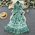 Retro palace style printingdress women's summer lantern sleeves stand collar single breasted strap waist beautiful royal sister long skirt