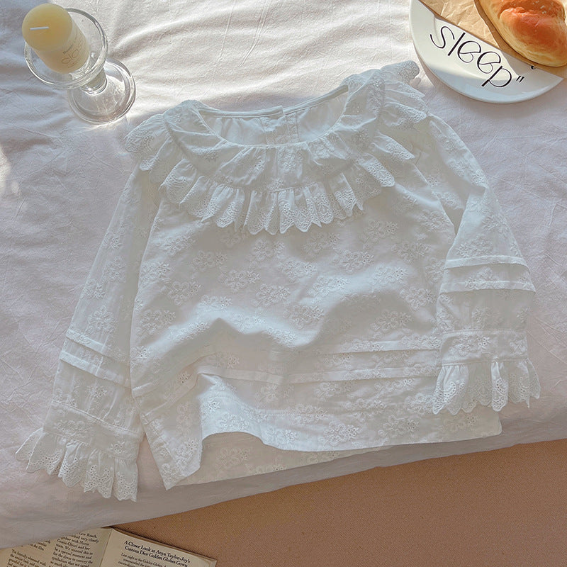 Girls' fall blouse  new long-sleeve heavy lace collar shirt - stylish spring/autumn top for kids
