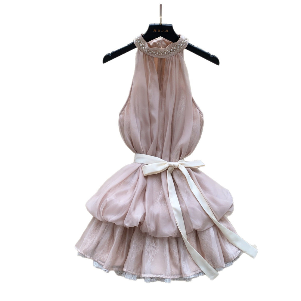 Qianjin wind halter heavy industry beading dress women's summer waist tie-up bowssweet suspender skirt petites