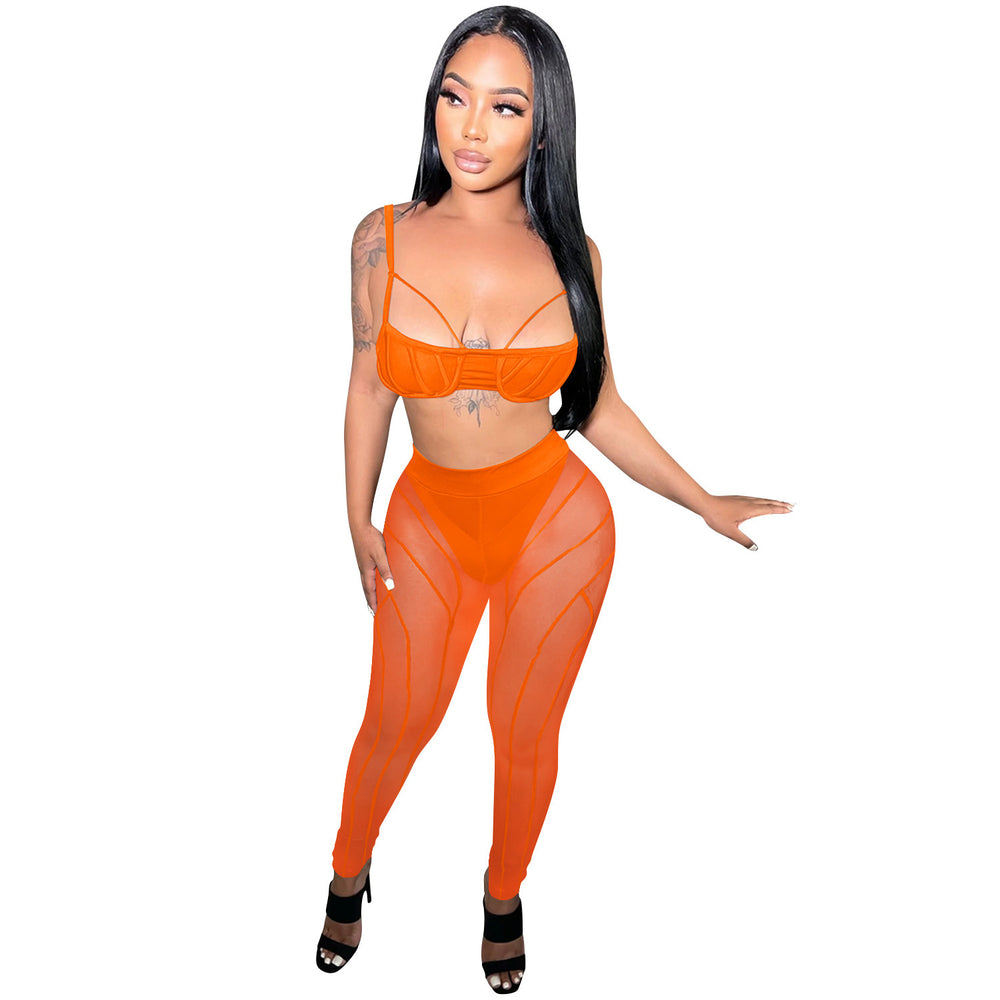 C5799 special offer: no returns or exchanges. please purchase with care. european and american style bandeau top, camisole, zipper mesh see-through pants two-piece set