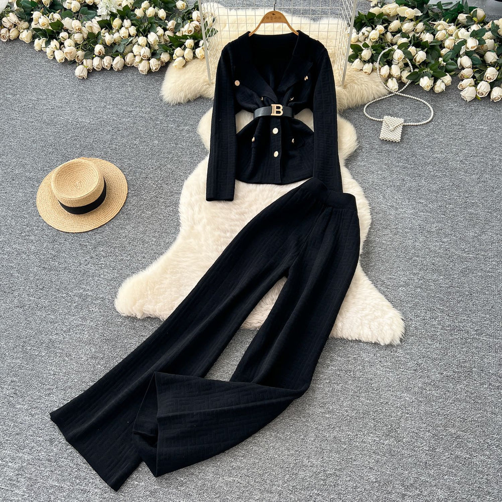 European chic: elegant and high-end strappy waist blazer-style knit top with high-waisted wide-leg pants