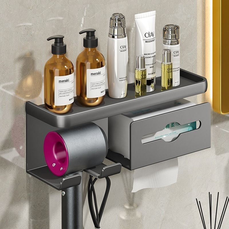 Light luxury gray hair dryer rack, punch-free bathroom storage rack, hair dryer rack, wall-mounted rack, three-in-one hair dryer