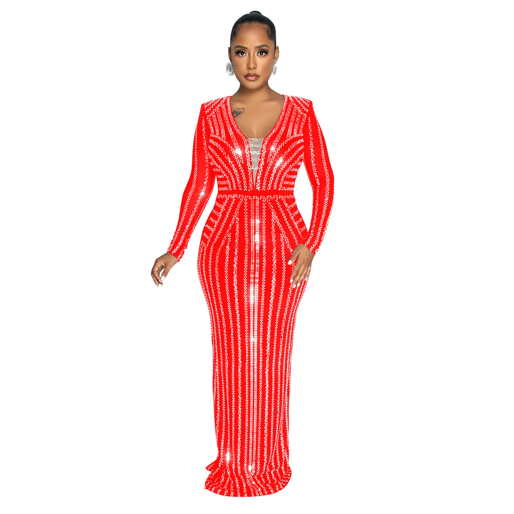 C6809 cross-border   fashion women's solid color rhinestone long sleeve slit maxi dress