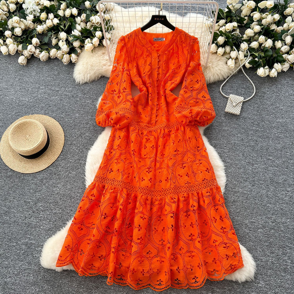 High-end fashion dress women's  spring new french style cinched waist slimming hollow-out crochet lace ruffle hem maxi dress