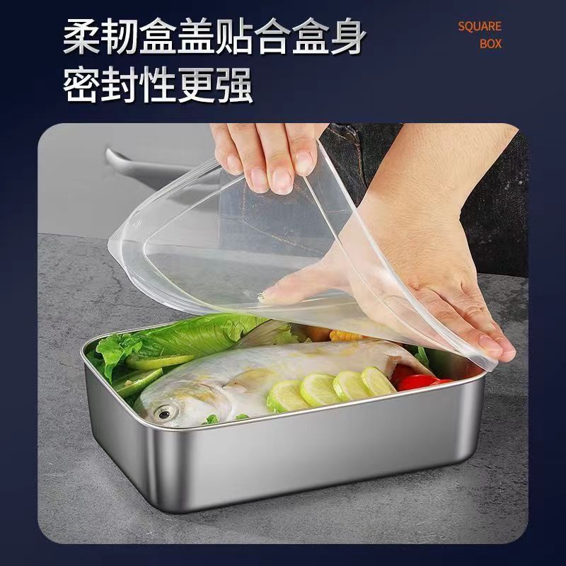 Stainless steel seasoning crisper, rectangular plate for meals with lid, refrigerator food storage box, frozen box, large capacity