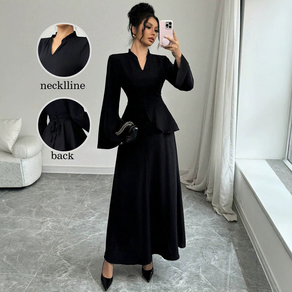 Exportaccessible luxurywork clothingtwo-piece setruffle waist swing flare long sleeves back straps slimming lookblacklong wide leg cover