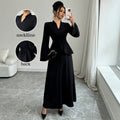 Exportaccessible luxurywork clothingtwo-piece setruffle waist swing flare long sleeves back straps slimming lookblacklong wide leg cover