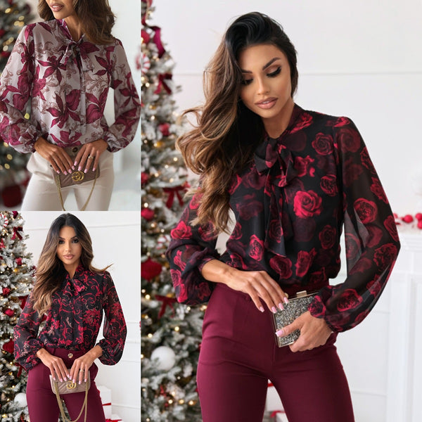 's new sweet bow chiffon print long-sleeved shirt