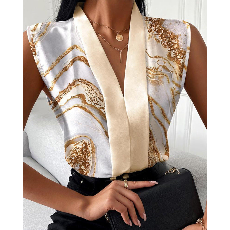 independent station  hot seller: summer european and american fashion casual sleeveless v-neck printed shirt for women
