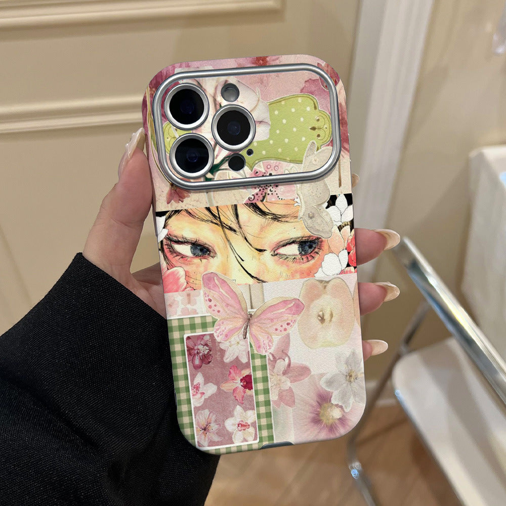 Pink butterfly collage phone case for iphone 17, apple 16, peach blossom eye sticker, large view window protective case 11