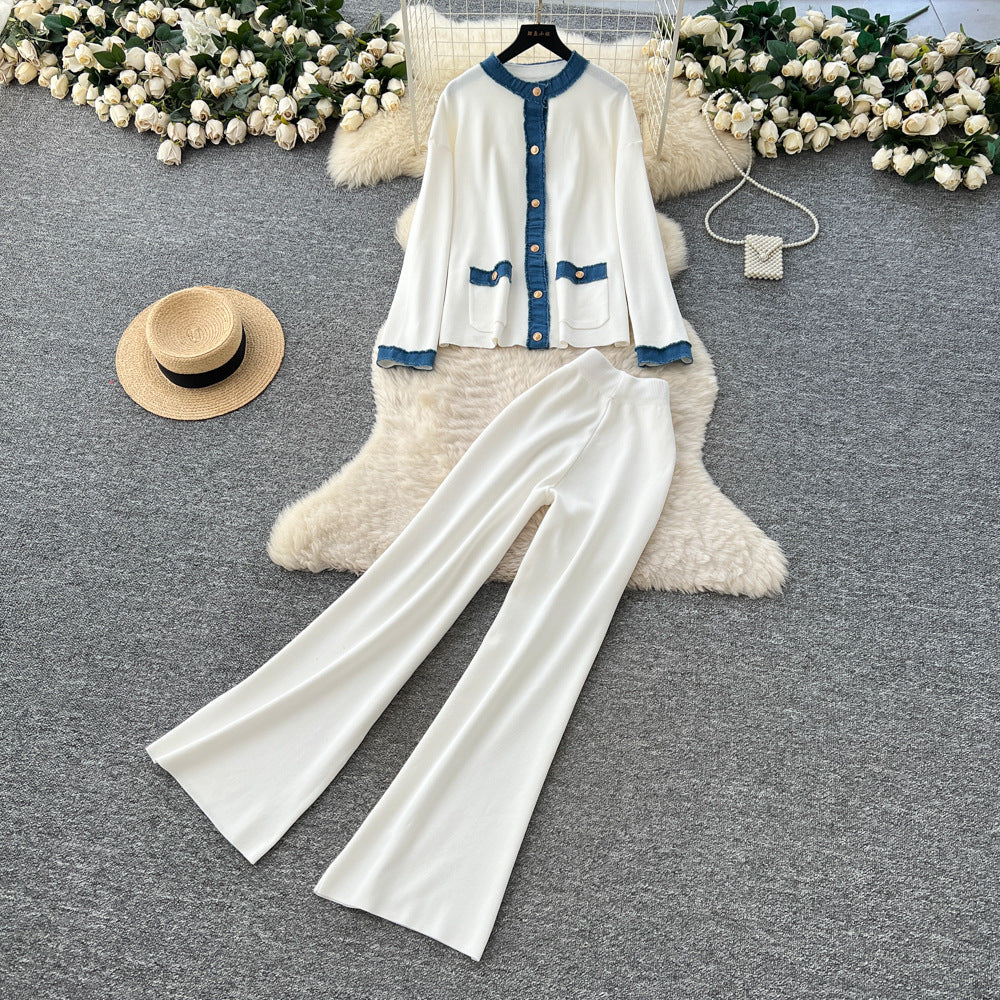 French chic goddess style: trendy denim & knit patchwork crewneck jacket + high-waisted wide-leg pants two-piece set