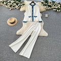 French chic goddess style: trendy denim & knit patchwork crewneck jacket + high-waisted wide-leg pants two-piece set