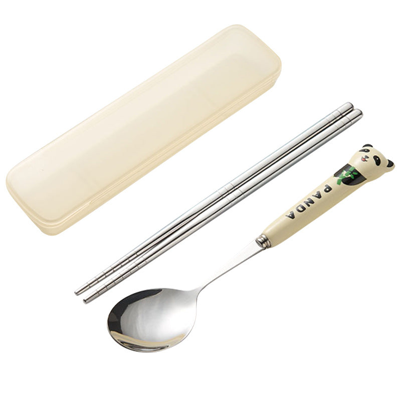 304 stainless steel portable cutlery set - creative panda design with ceramic handle fork, spoon, and chopsticks (3-piece set)