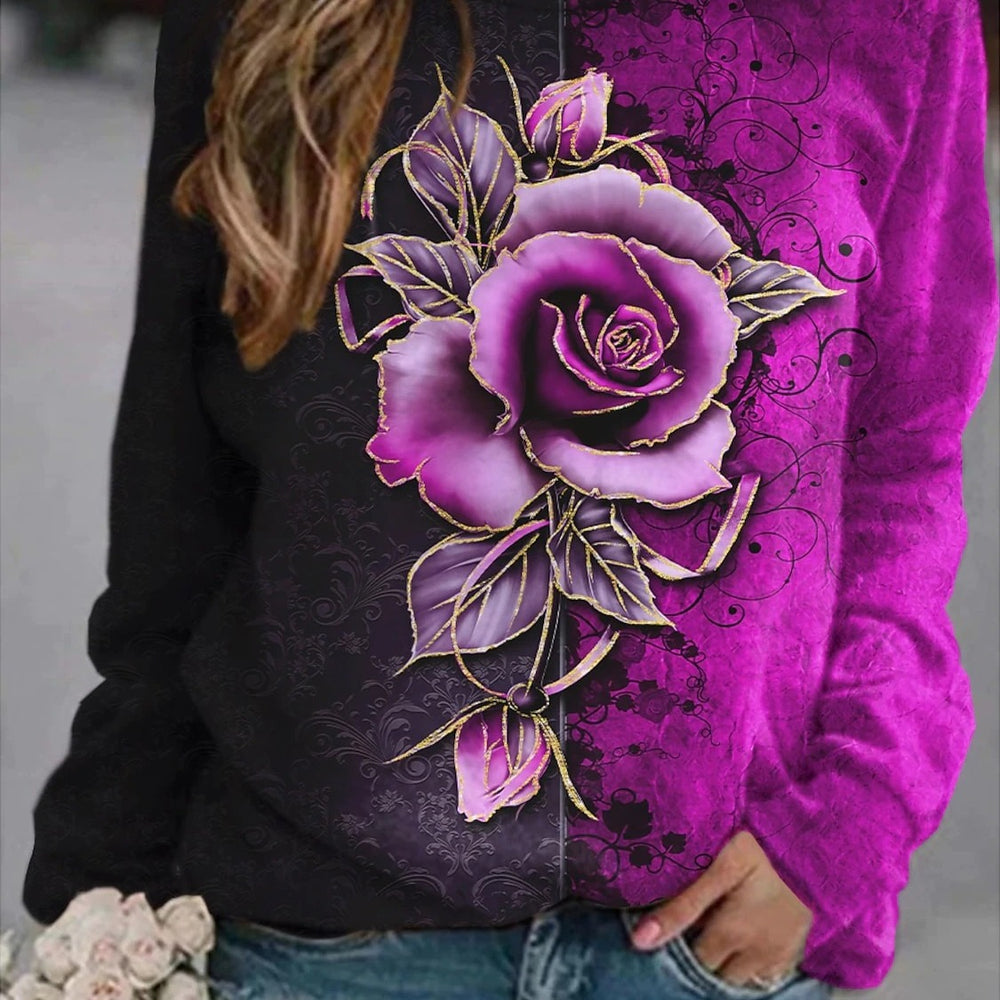 2026 amazon wish european and american cross-border round neck long sleeve floral print color block sweatshirt top - women's in-stock