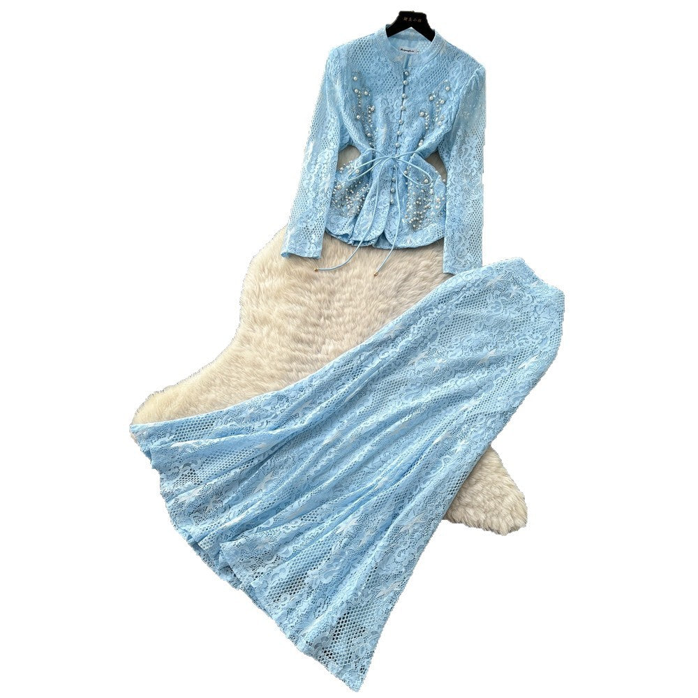 French chic beaded v-neck lace two-piece set - women's summer commute style, slim fit, high-end elegant outfit