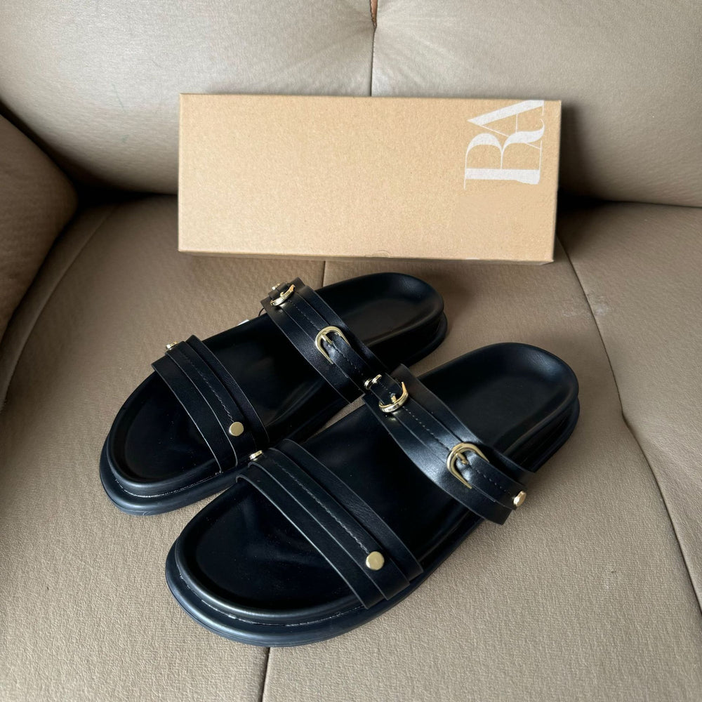 Summernew arrivalretro belt buckle casualthick sole slippers women's outwear genuine leather flats roman sandals