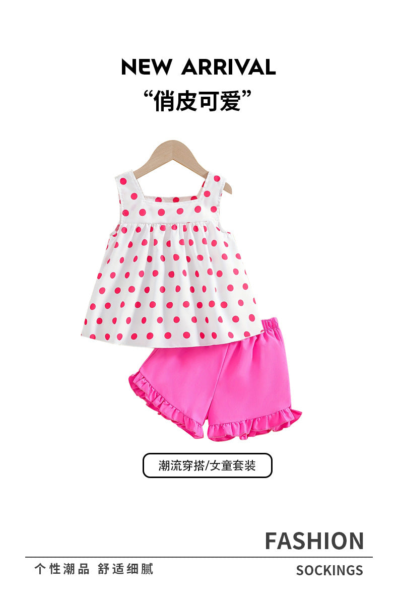 girls' summer tank top set - trendy pink polka dot with ruffle shorts - kids' two-piece cami outfit