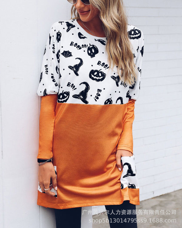 2022 European and American women's clothing new round neck long-sleeved splicing Halloween printed T-shirt top