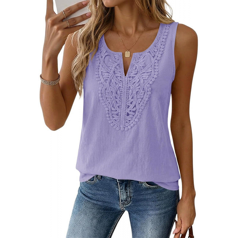 Amazon sleeveless v-neck linen shirt -  summer new arrival - lace bohemian style vacation tank top