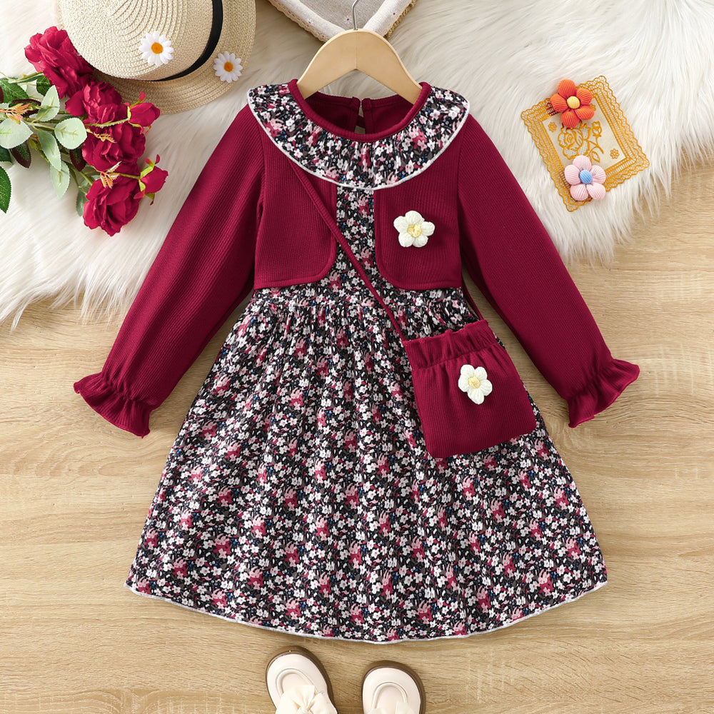 girls' floral knit patchwork dress top princess dress autumn ruffle collar new long sleeve children's wear