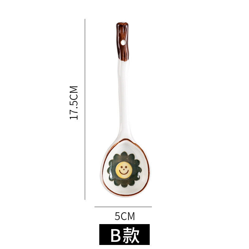 Japanese ceramic long-handled spoon - hand-painted cute creative cartoon dessert spoon - household ramen spoon - soup spoon