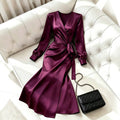 Accessible luxury satin plus size wrap skirt v neck lantern sleeves side tie back waist elegant women's mid-length dress