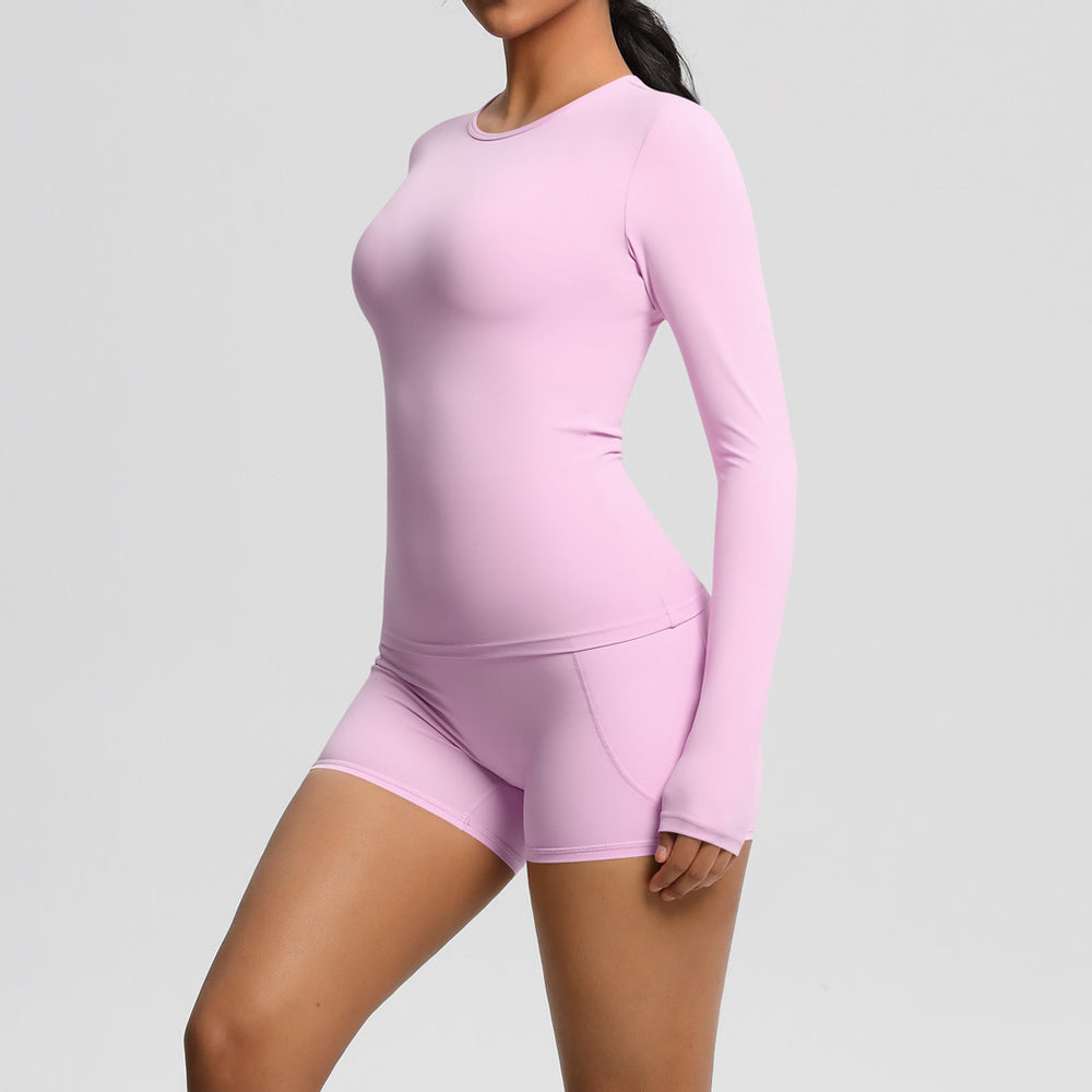 New arrival: european and american style solid color double-sided brushed nylon long-sleeve yoga set - activewear two-piece for running and fitness