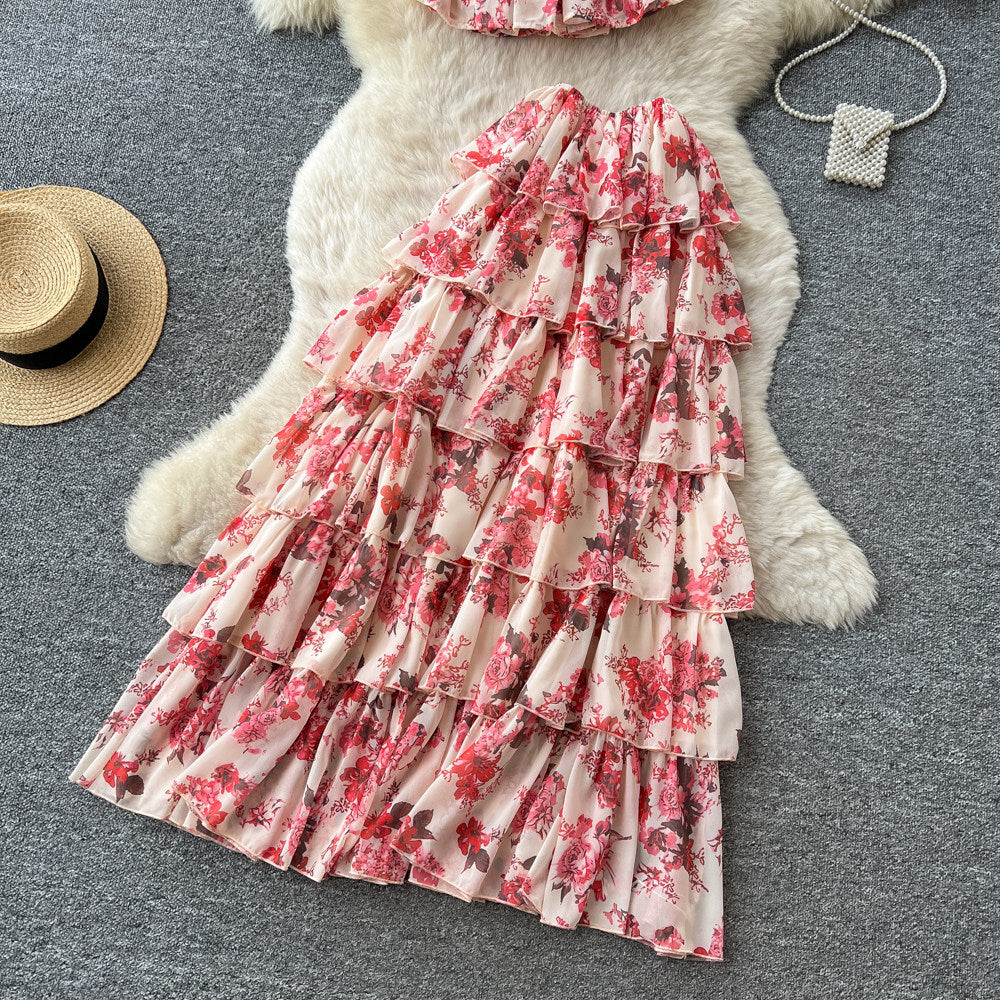 Pure desire style one shoulder floral cake skirt two-piece set women's summer romantic style slimmingelegant classy suit