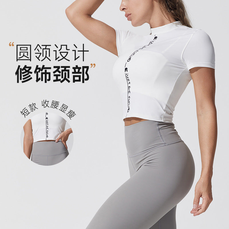Stylish english printing yoga clothes short sleeve tight shaping high elastic round neck yoga clothes tops sports yoga in stock