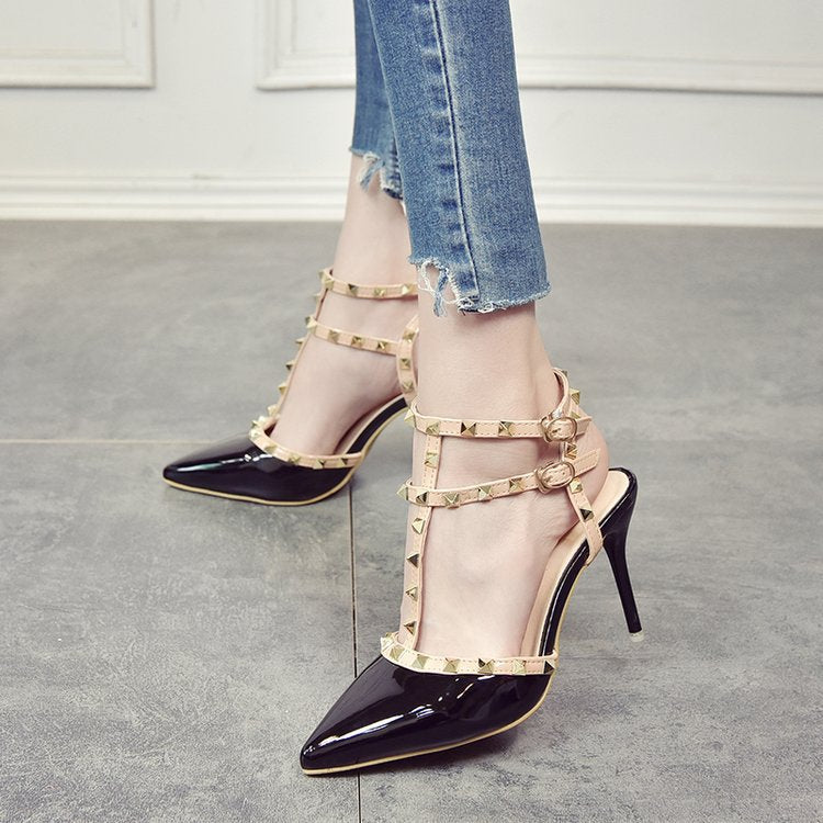 Studded high heel women's stiletto pumps - versatile & chic for summer 2024 - sexy pointed toe t-strap peep-toe rivet sandals