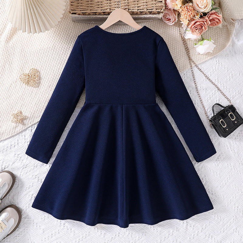 girls' clothing,  autumn/winter new arrivals, european and american style, export-quality, big kids' long-sleeved, side-button, casual and elegant dress