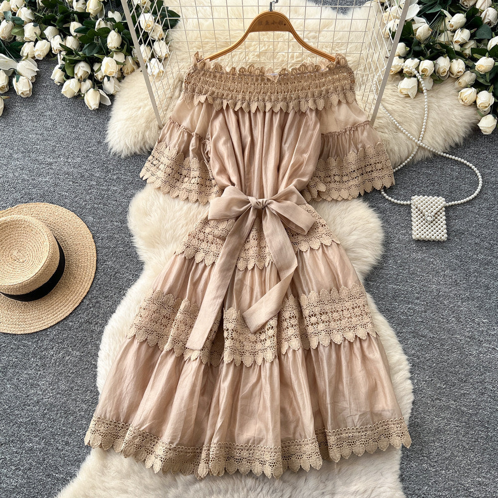 French romantic one-shoulder lace patchwork dress - women's summer short sleeve red slim-fit elegant maxi dress