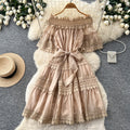French romantic one-shoulder lace patchwork dress - women's summer short sleeve red slim-fit elegant maxi dress