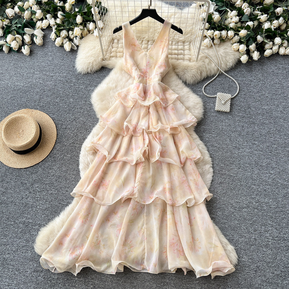 Frenchromantic style v neckhalter floral dress female summerk-style sleeveless ruffles cake skirt slimming look