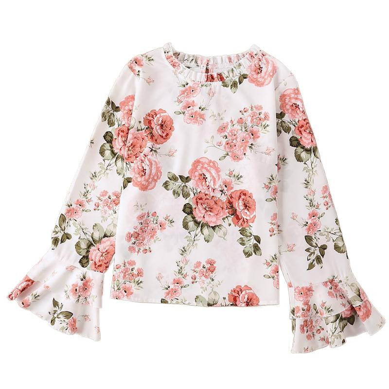 cross-border code new  women's original elegant round neck ruffle long sleeve printed top