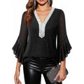 Amazon fashioneleganteleganceflowershirt women's  summer new ruffles sleeve v necktops