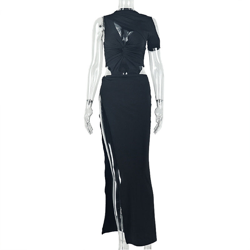 European and american style solid color women's fashionable asymmetrical high neck sleeveless maxi dress with cutout and cropped design