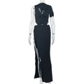 European and american style solid color women's fashionable asymmetrical high neck sleeveless maxi dress with cutout and cropped design