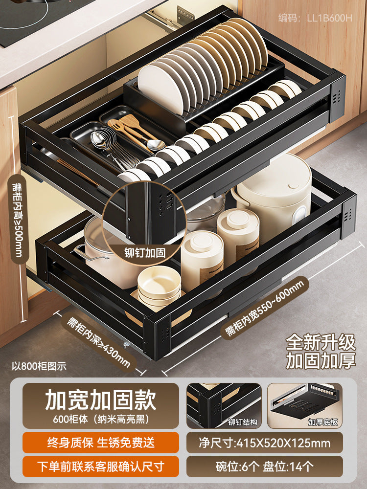 Pull Basket Kitchen Cabinet 304 Stainless Steel Double Layer Bowl Basket Drawer Type Seasoning Storage Dishes and Dishes Built-in Bowl Rack