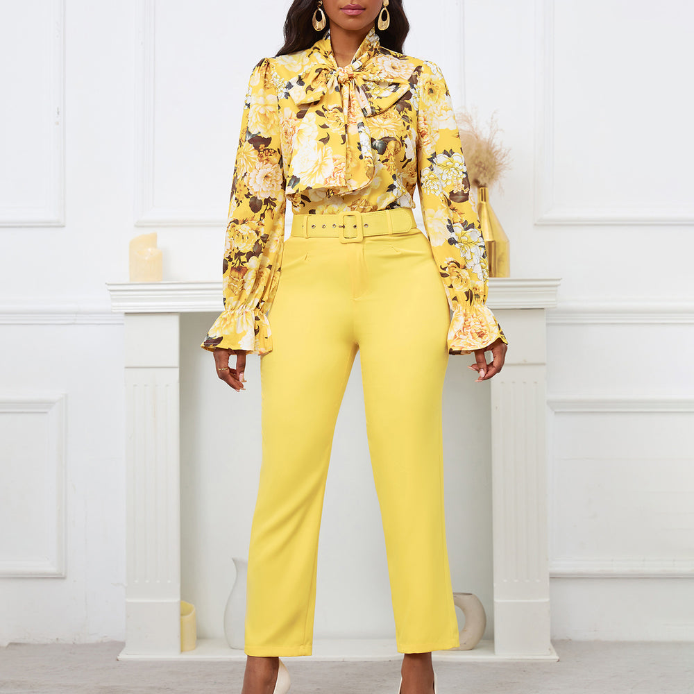 D457  fashion new arrivalfashionprinting strappy long-sleeved topshigh waist trousers casual pants exportsuit