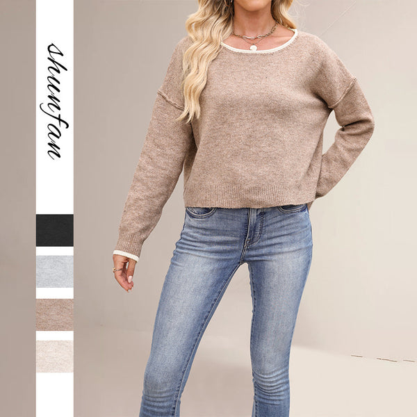 New European and American  women's clothing is on sale in 2025 autumn and winter, round neck color matching knitted sweater, loose and versatile pullover sweater