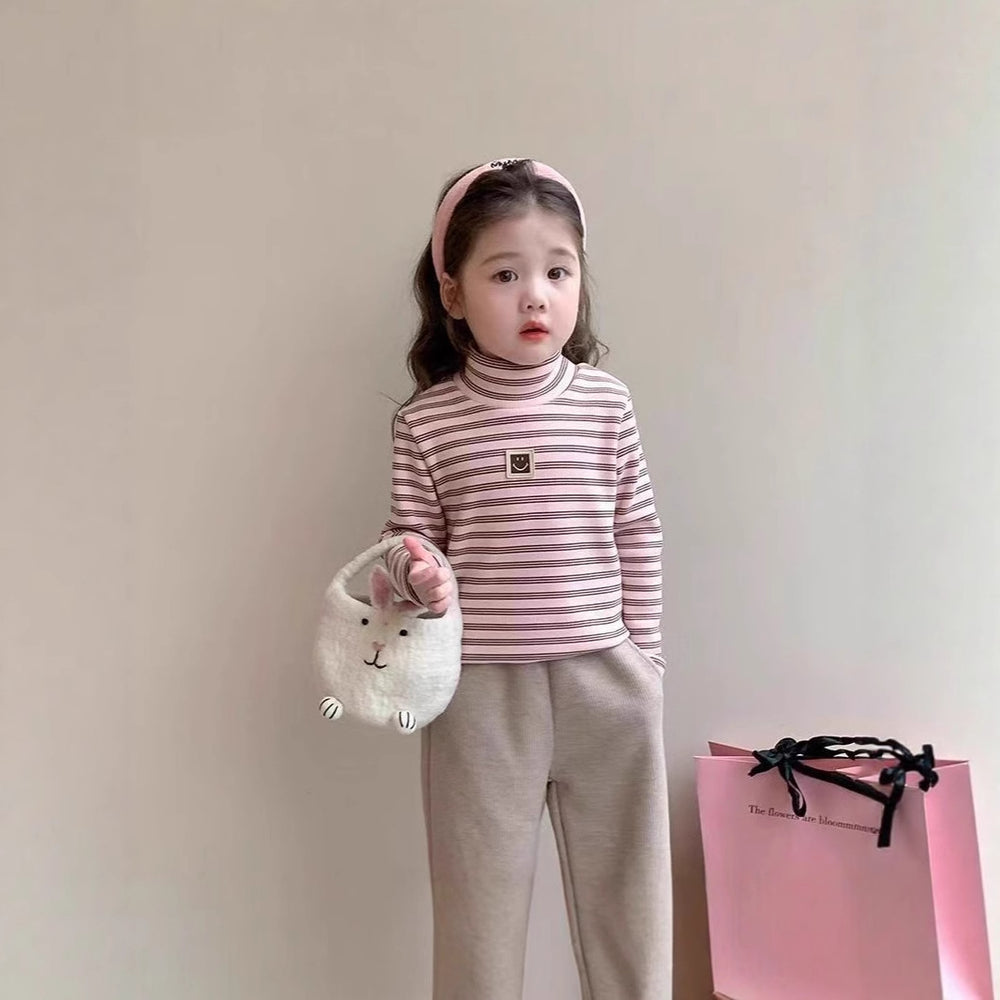 Long sleevesstripes bottom baby style middle and small children boys and girls single tops inner bottom shirt girl high collar thickened
