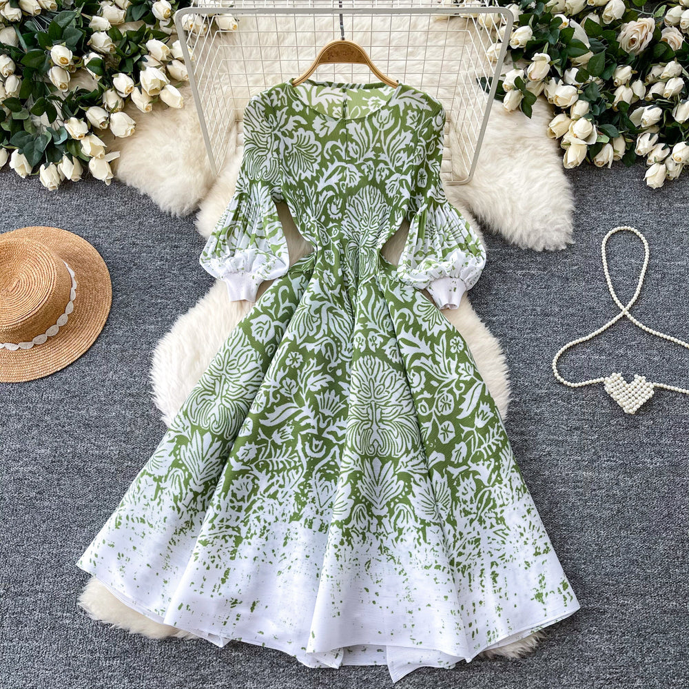 French romantic floral print dress - women's spring long sleeve slim fit a-line maxi dress - elegant, chic, and youthful