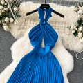 Sanya seaside vacation outfit sexy backless vest cut outhalterdress women's pleated longpleated skirt