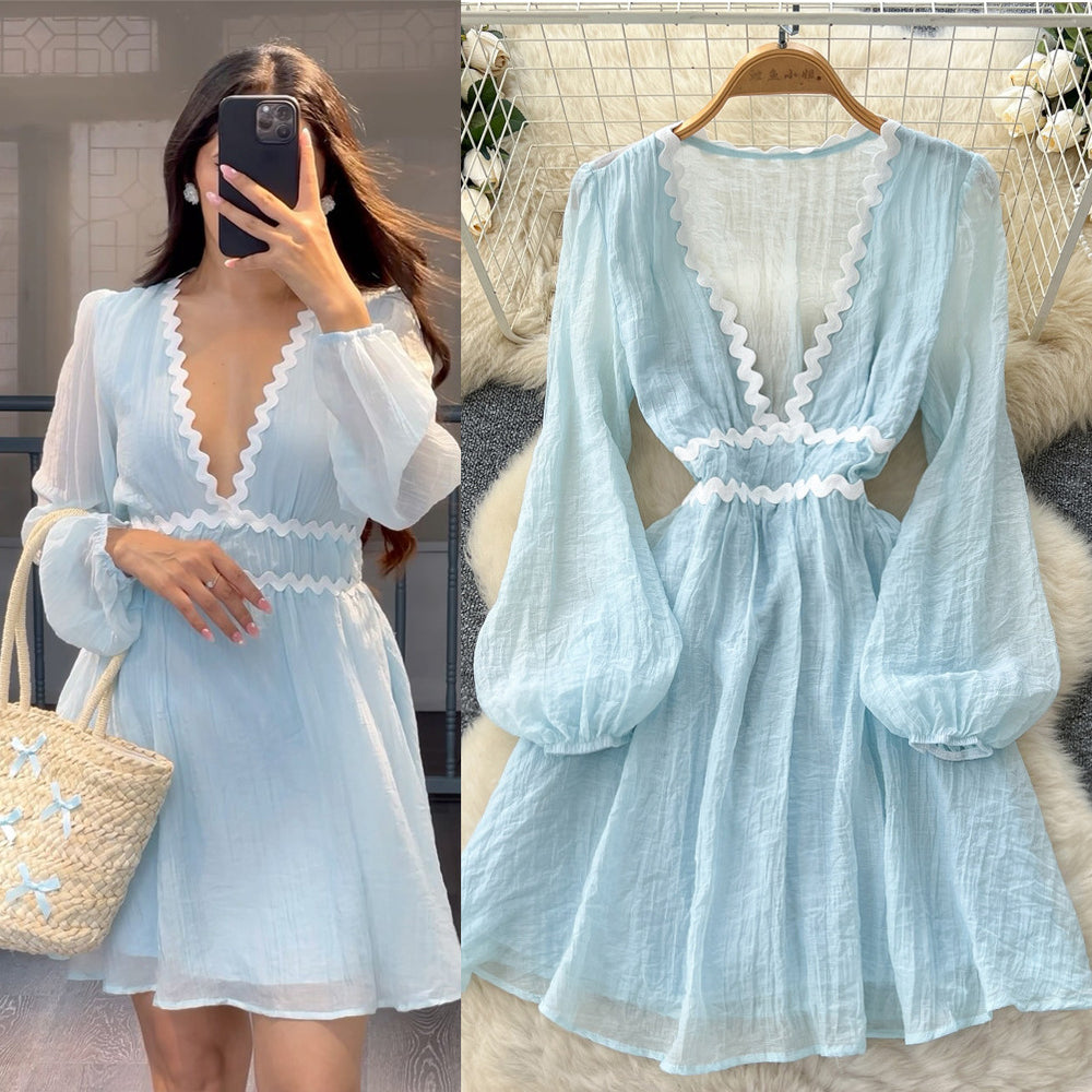 Frenchsexy deep v neck wave edge patchwork waist lantern sleeve dress women's autumslimming looka line vacation skirt