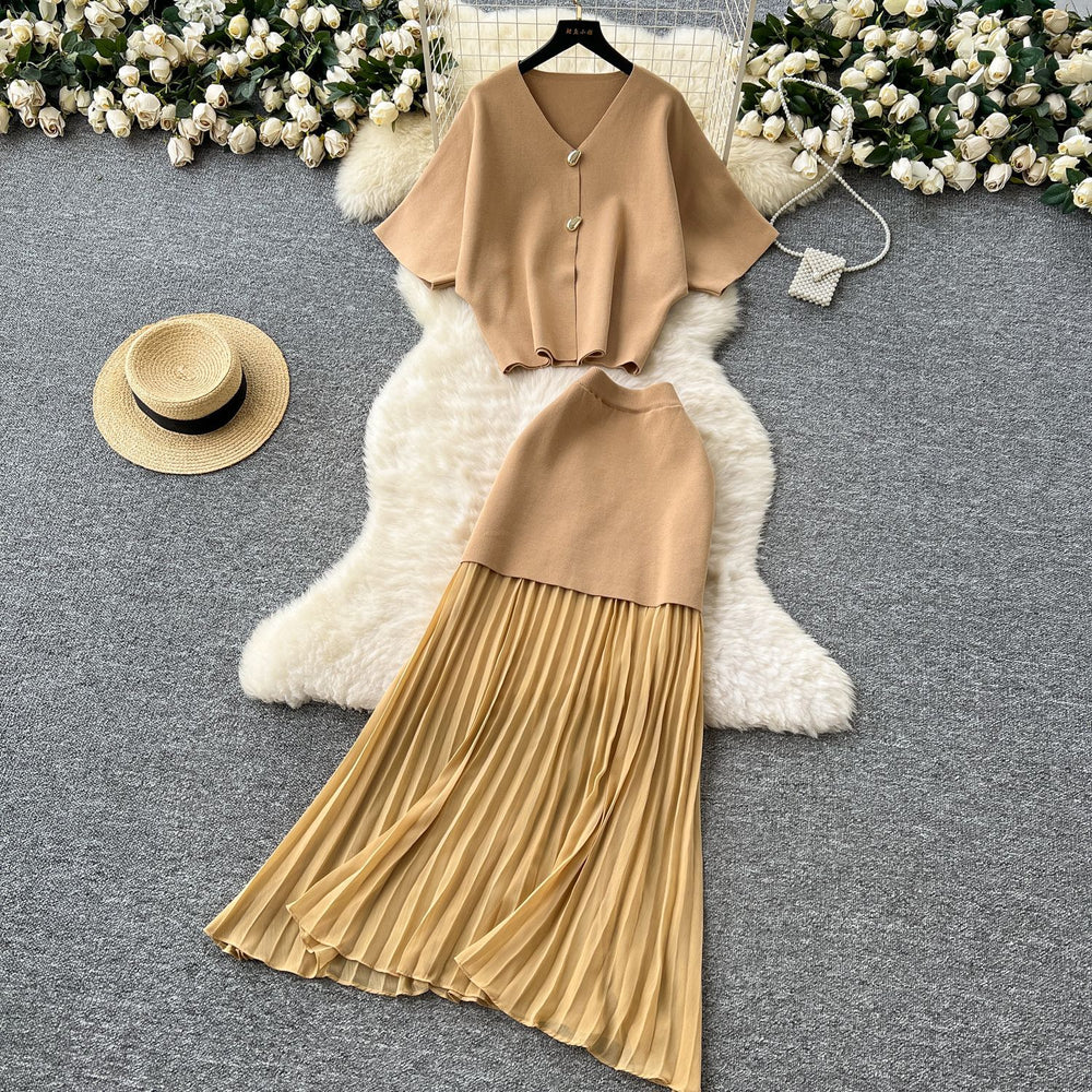 Sophisticated two-piece dress set:  summer collection - premium short-sleeve knit top & high-waisted pleated midi skirt